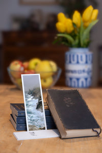Stormy Cliffs fine art bookmark styled with a dark book and fresh fruit