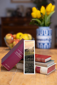 Summer Afternoon fine art bookmark beside a stack of vintage books