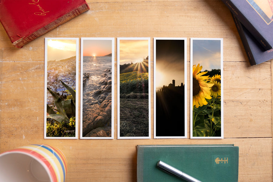 Summer fine art bookmark set displayed with vintage books