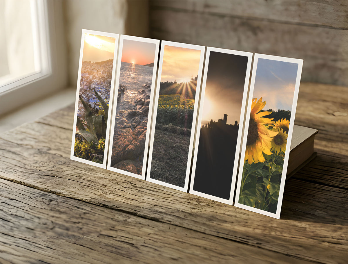 Five Summer fine art bookmarks in a row in soft window light