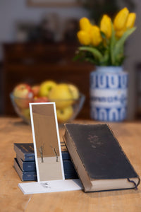 Terracotta fine art bookmark styled with a dark book and fresh fruit
