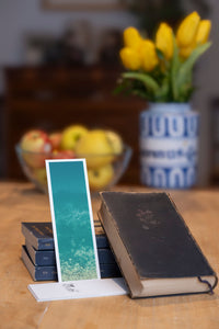 Turquoise Oceania fine art bookmark styled with a dark book and fresh fruit