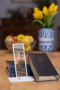 Vingerklip fine art bookmark styled with a dark book and fresh fruit