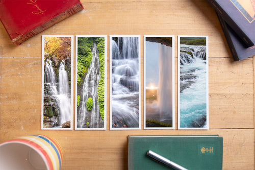Waterfalls fine art bookmark set displayed with vintage books