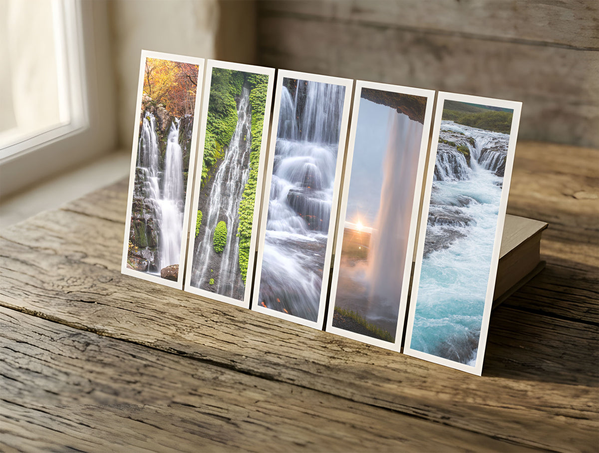 Five Waterfalls fine art bookmarks in a row in soft window light