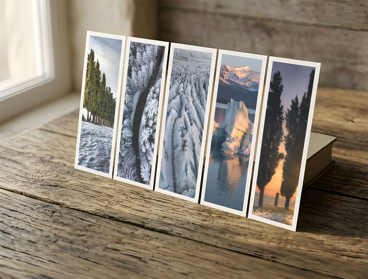 Five Winter fine art bookmarks in a row in soft window light